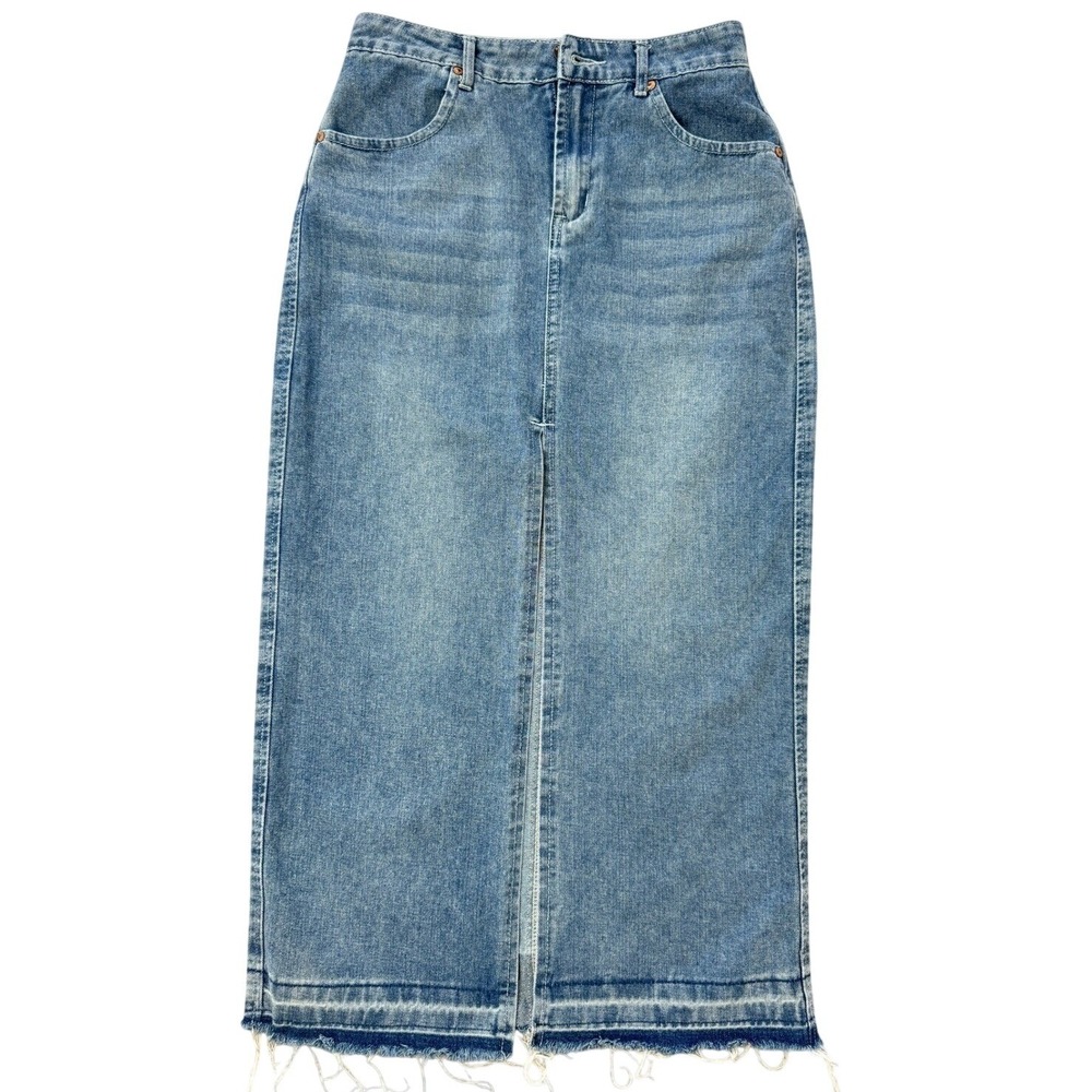 HappilyGrey High RiseDenim Maxi Skirt Medium Wash Front Slit Frayed HemSize 1/24 - Picture 7 of 15